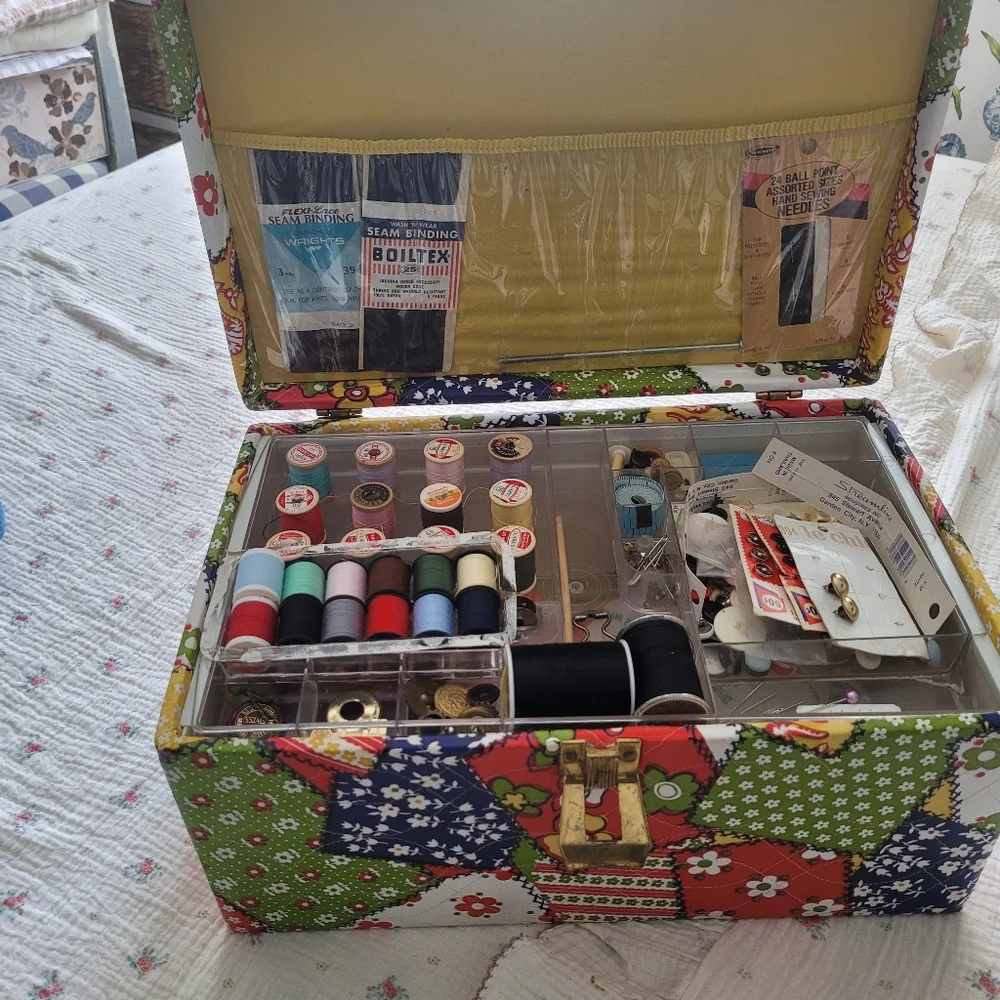 Vintage 1970's Patchwork Floral Sewing Train Case Storage Faux Quilted